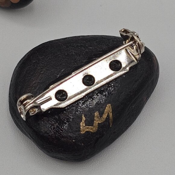 Artisan Folk Art Handpainted Stone Rock Earring Brooch Set Jewelry Black Cactus - Picture 15 of 16